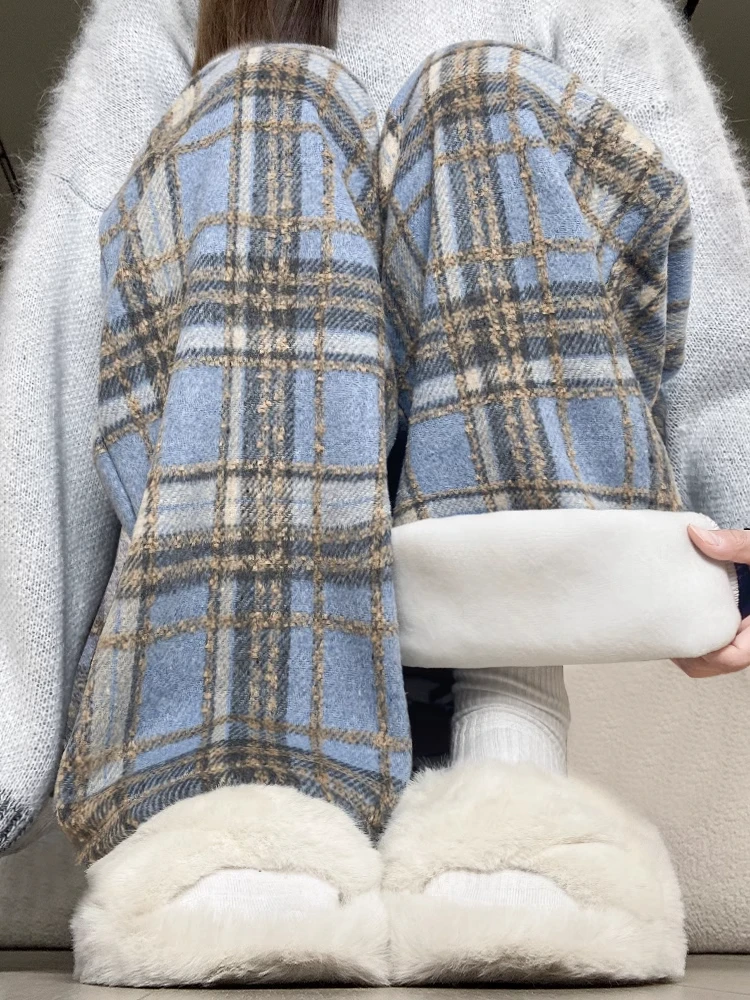 蓝色毛呢格子裤女春秋冬季新款宽松慵懒休闲直筒显瘦加绒阔腿裤子