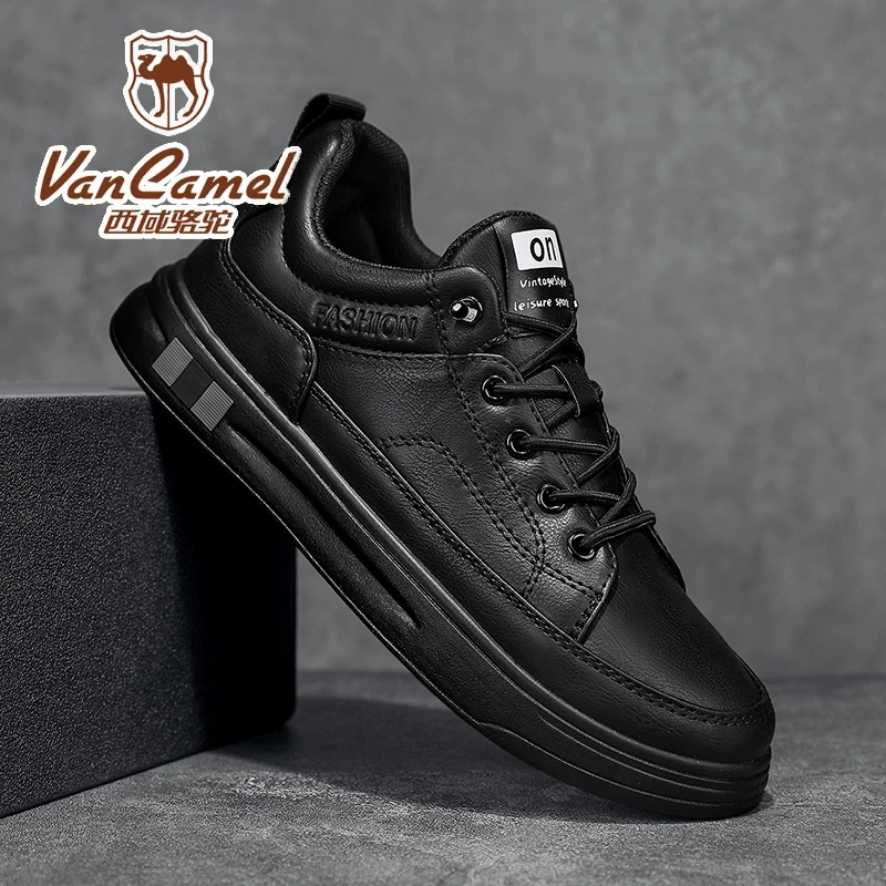 西域骆驼冬季男鞋商务潮流皮面休闲板鞋男款工作软底黑色皮鞋春季