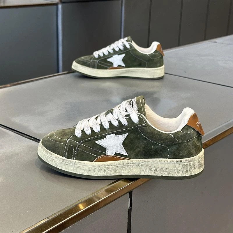 网红爆款休闲鞋男秋季新款磨砂皮男鞋低帮软底复古做旧脏脏星星鞋