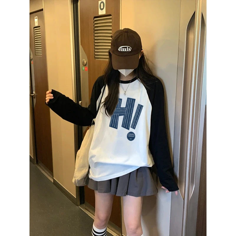 特大码300斤撞色纯棉长袖T恤女装春秋季宽松百搭插肩袖打底衫上衣