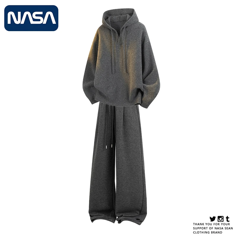 NASA美式高级感连帽毛衣两件套男士秋冬季新款休闲运动套装潮牌