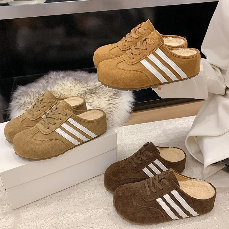 加绒4CM内增高德训鞋女2025新款秋季复古百搭包头半拖鞋博肯鞋