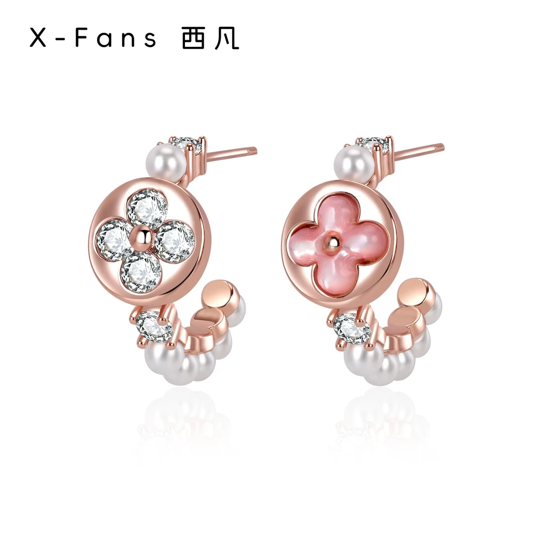 铜合金贝壳耳饰 四叶草珠珠ins冷淡风高级感时尚耳钉轻奢高级耳饰