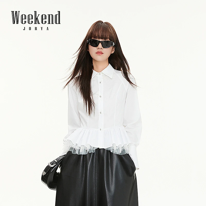 卓雅周末25春季新款通勤翻领插肩袖钻扣蕾丝花边收腰衬衫R200328A