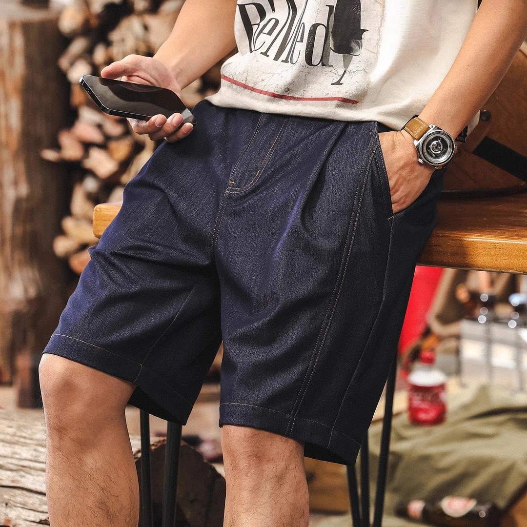 抗皱易打理美式复古丹宁牛仔短裤男夏季薄款休闲宽松直筒五分裤子