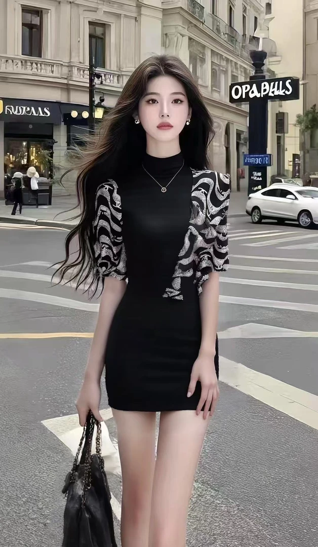 温柔知性风轻奢时尚黑色圆领修身收腰包臀设计连衣裙女高级感女装