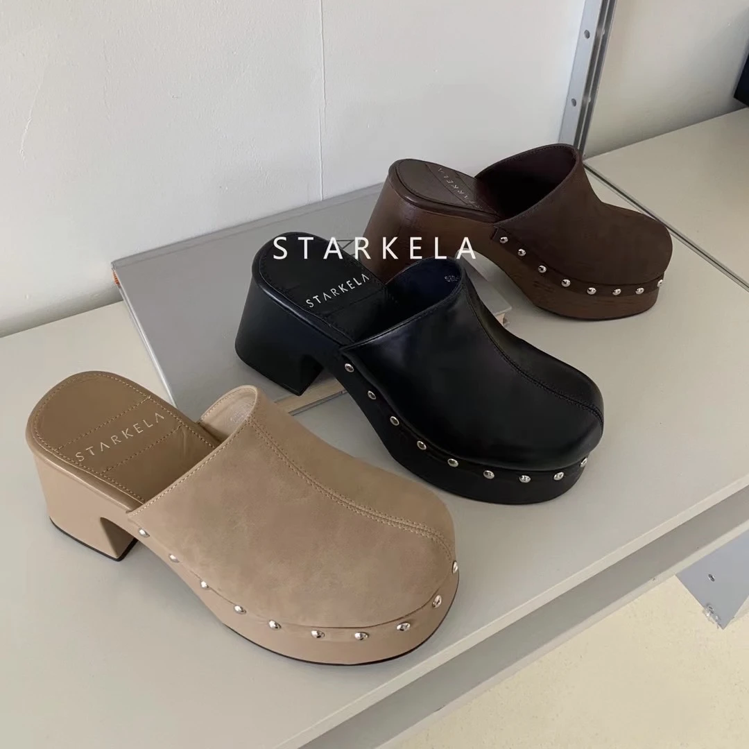 starkela秋季新款厚底方头深口粗高跟磨砂皮铆钉时尚包头半拖鞋女