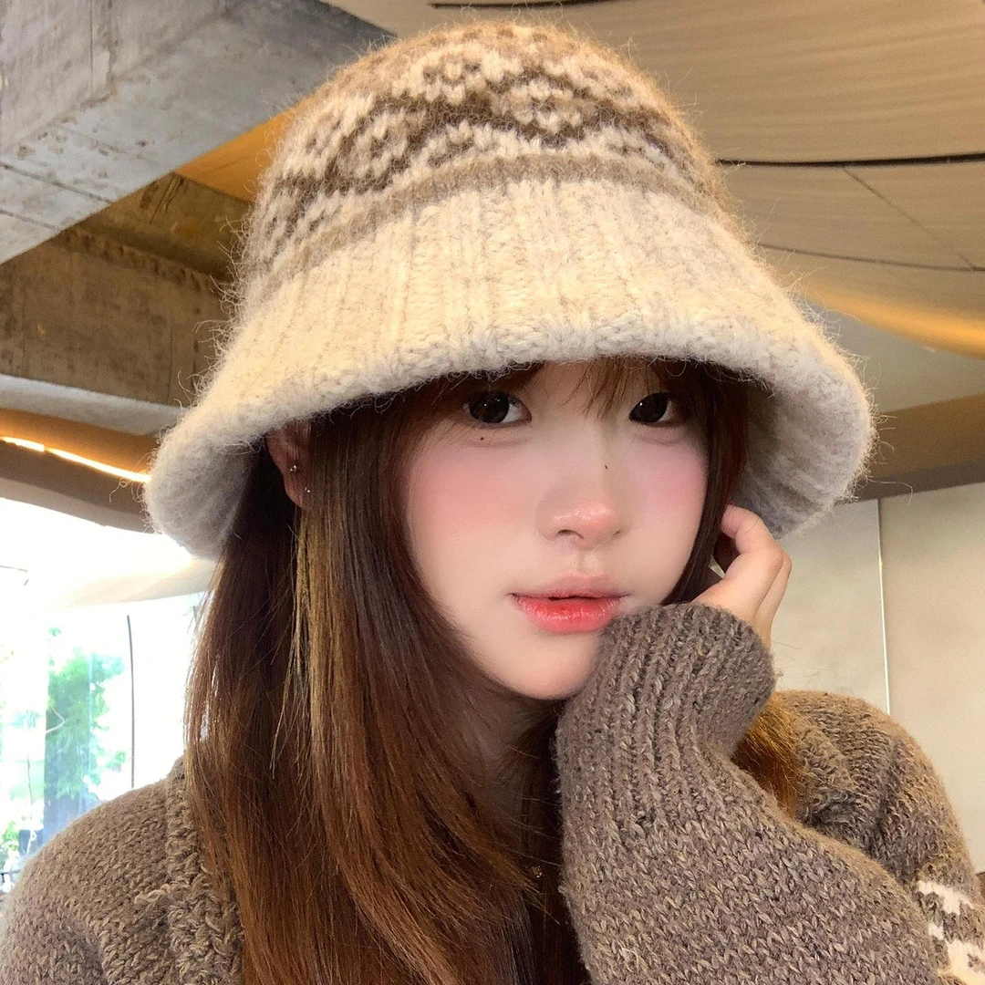 费尔岛风针织毛线帽子女冬季保暖百搭显脸小渔夫帽复古民族风盆帽