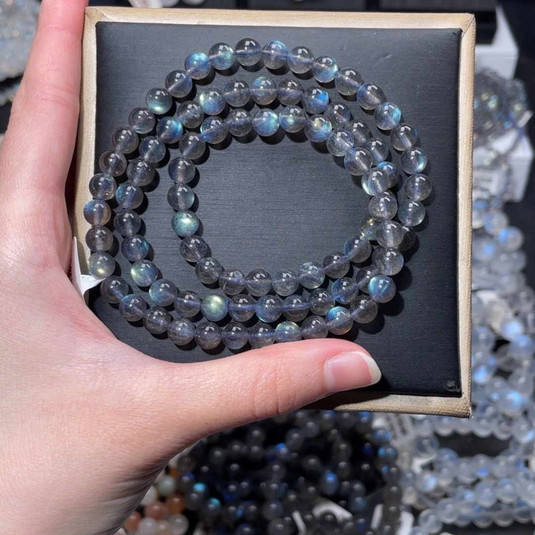 长石未镶嵌手链马岛多圈黑爆闪蓝绿光6m+