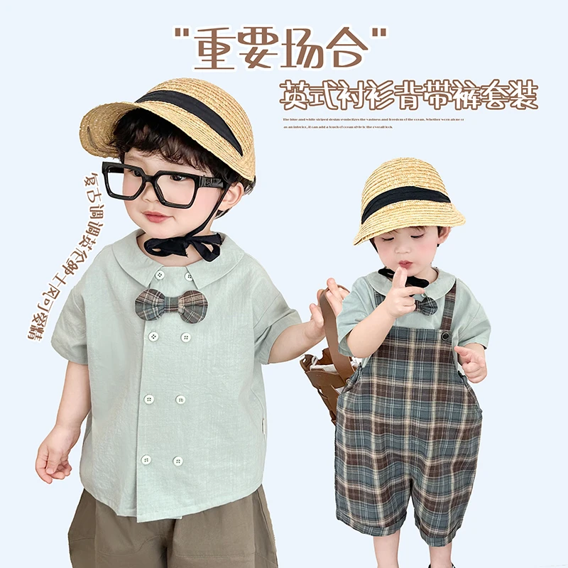 【重要场合】童装2025夏季新品绅士短袖衬衫格子背带裤套装