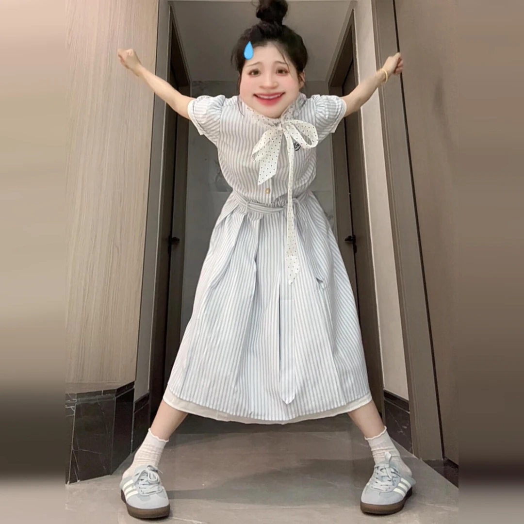 学院风条纹衬衫连衣裙子女夏季2025新款miu系收腰小个子长裙4850