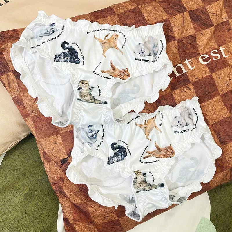 怪趣酱原创设计内裤女荷叶边加长内裆可爱猫咪舒适中腰速干三角裤