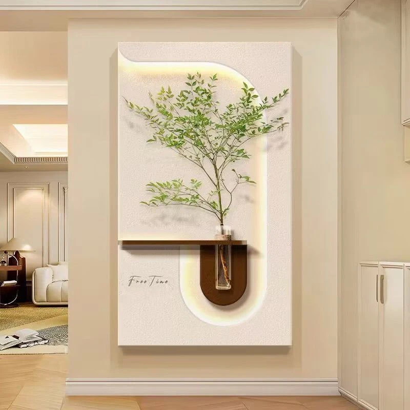 奶油风客厅装饰画创意水培绿植灯光画高档玄关挂画入户正对门壁画