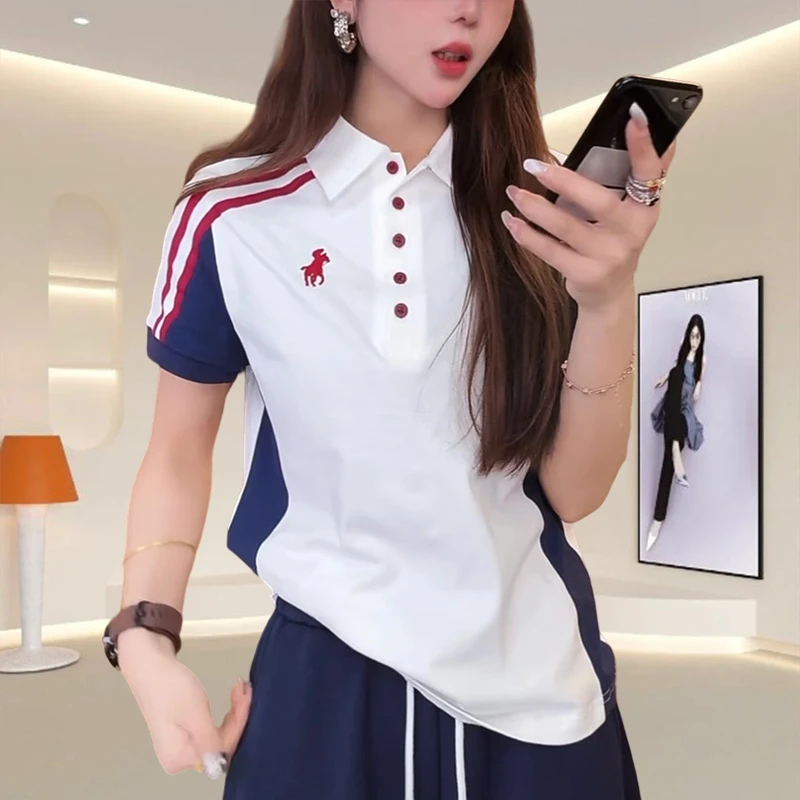 夏季百搭学院风POLO衫短袖韩版oversize拼接设计感t恤纯棉上衣女