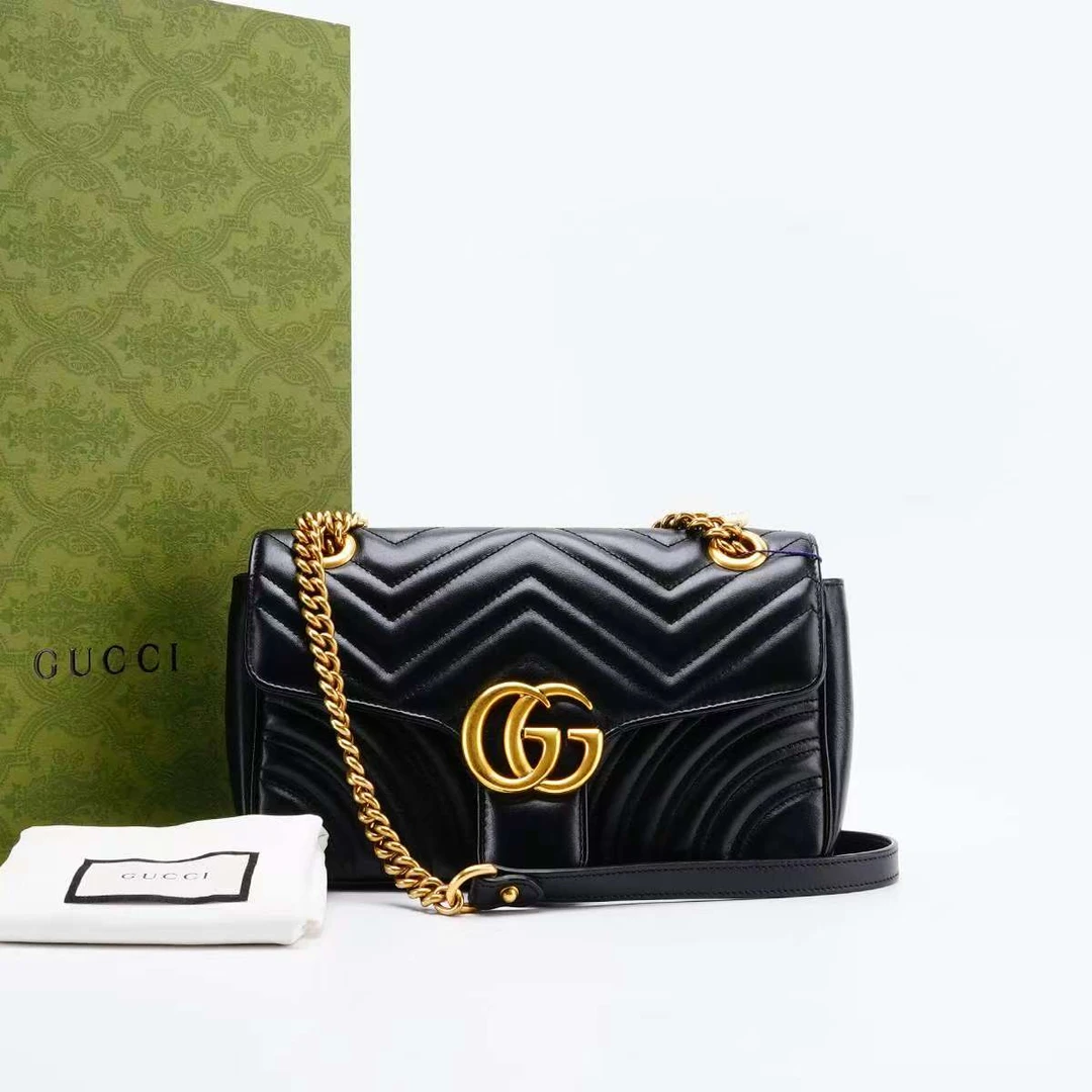 99新 GUCCI/古驰 马蒙26黑金双G系列/单肩斜挎腋下包九月专属