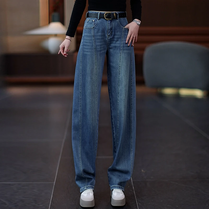 复古蓝弯刀牛仔裤女春秋季2025年新款高腰窄版直筒爆款阔腿镰刀裤