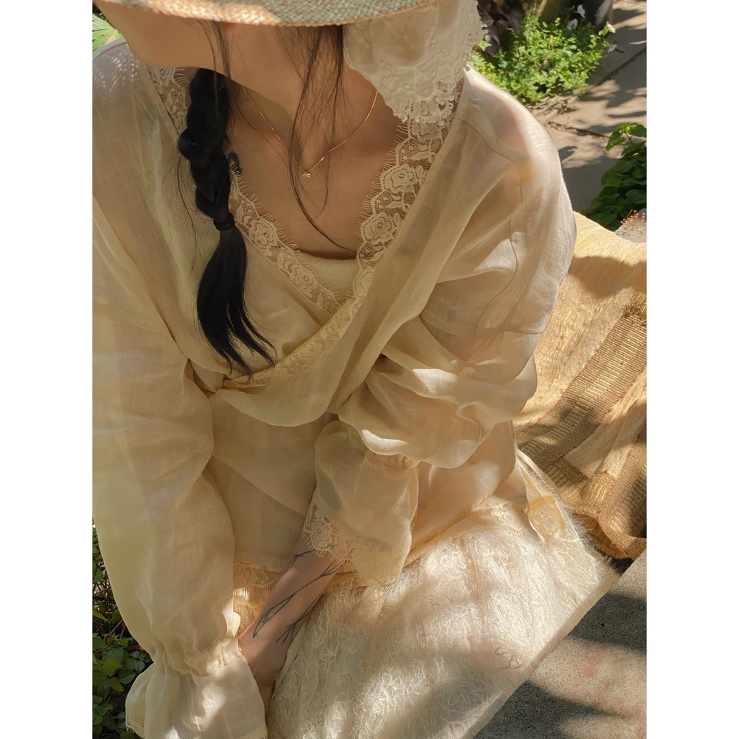 林软软【古霖】清冷气质女装禅意仙气飘飘宽松随意拼接蕾丝衬衫