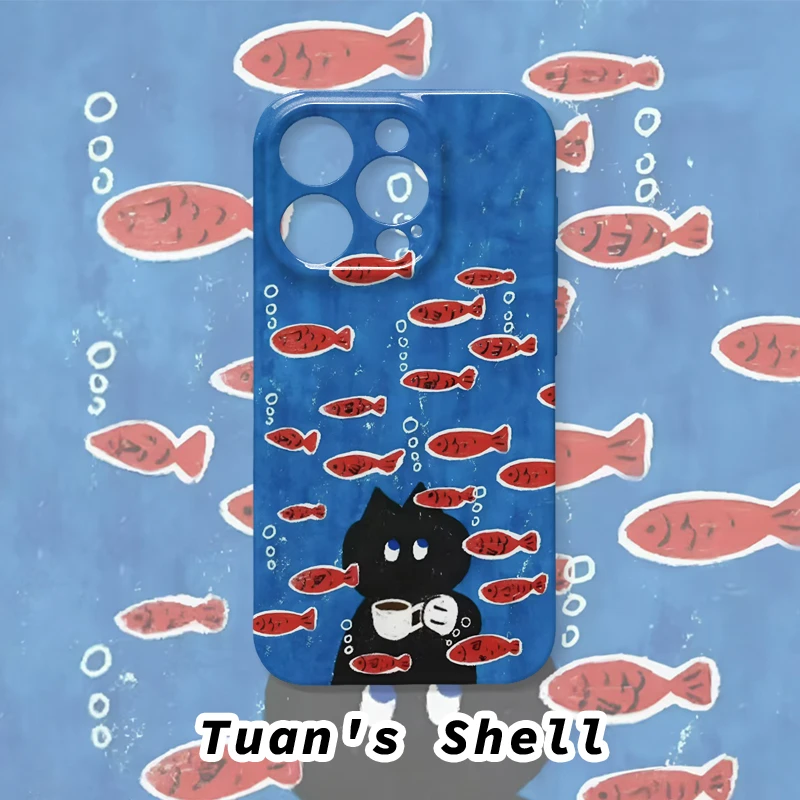 蓝色猫和鱼菲林软壳适用苹果VIVO华为OPPO小米荣耀一加手机壳