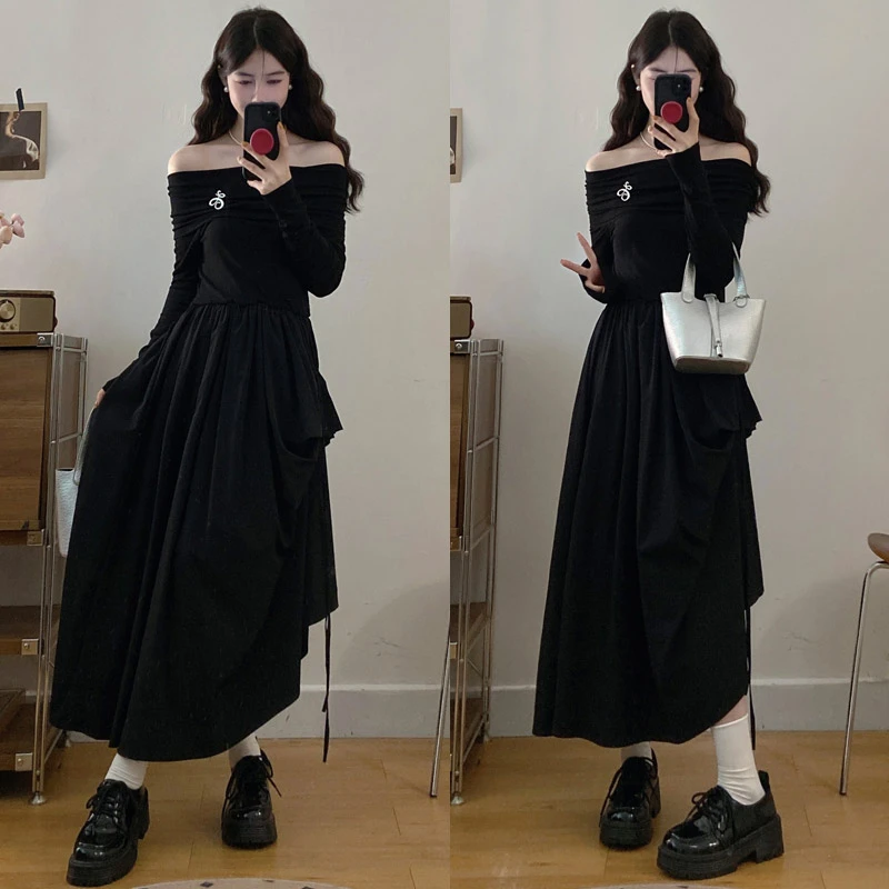 大码胖mm秋季新款法式赫本风黑色长袖一字肩连衣裙不规则设计裙女