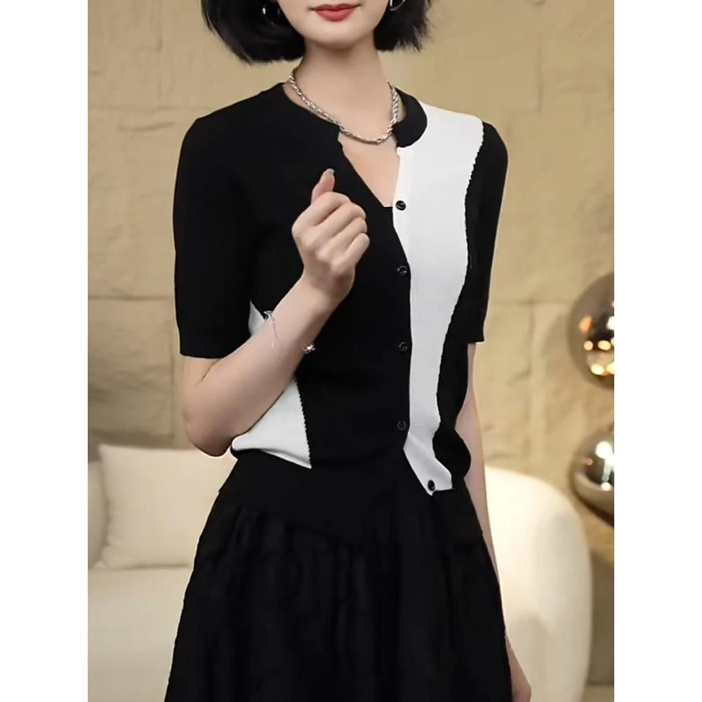 欧式半开领拼色纯欲风2025夏季女毛针织衫V领气质开衫自发热港风