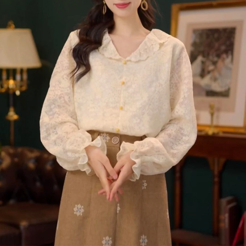 欧若风提花木耳边长袖衬衫女2025年春秋新款气质衬衣小众减龄上衣