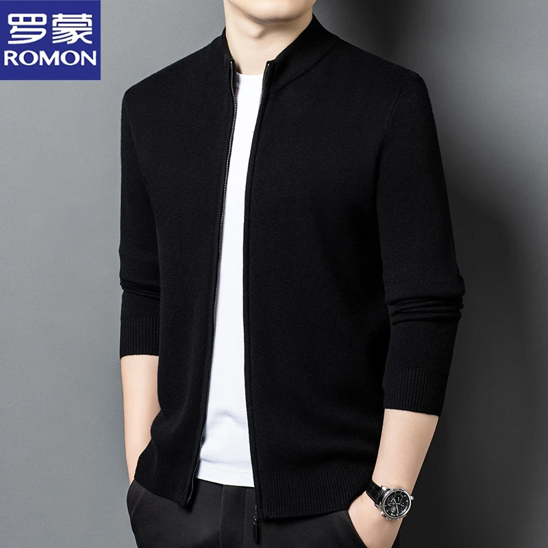 罗蒙秋冬可机洗百搭精纺纯羊毛男士半高领立领拉链针织开衫外套