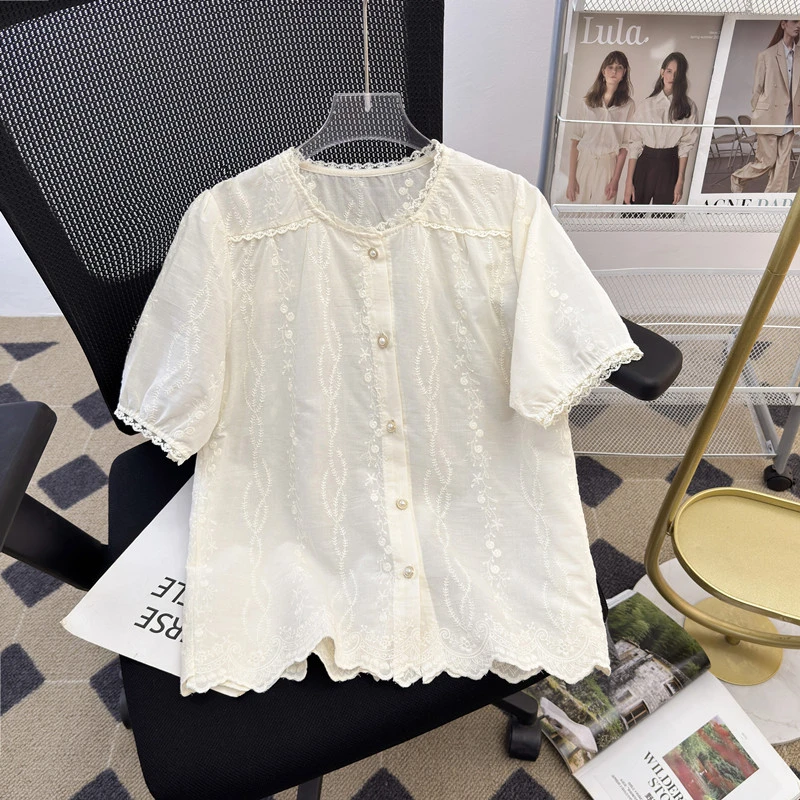 季念100%棉夏季新款刺绣短袖上衣女轻奢洋气百搭绣花设计感衬衫女