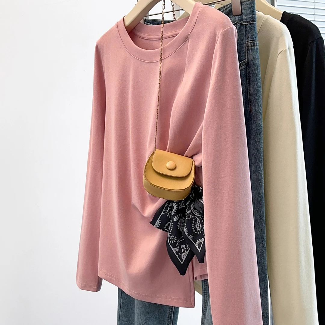 不规则正肩长袖t恤女秋季大码胖mm显瘦遮肉小众丝巾系带打底上衣