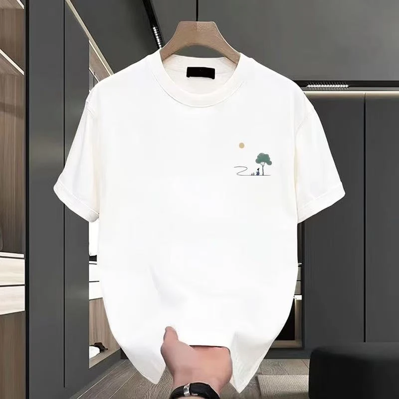 啄木鳥2025夏季新款重磅纯棉t恤百搭短袖潮流宽松男士圆领印花T