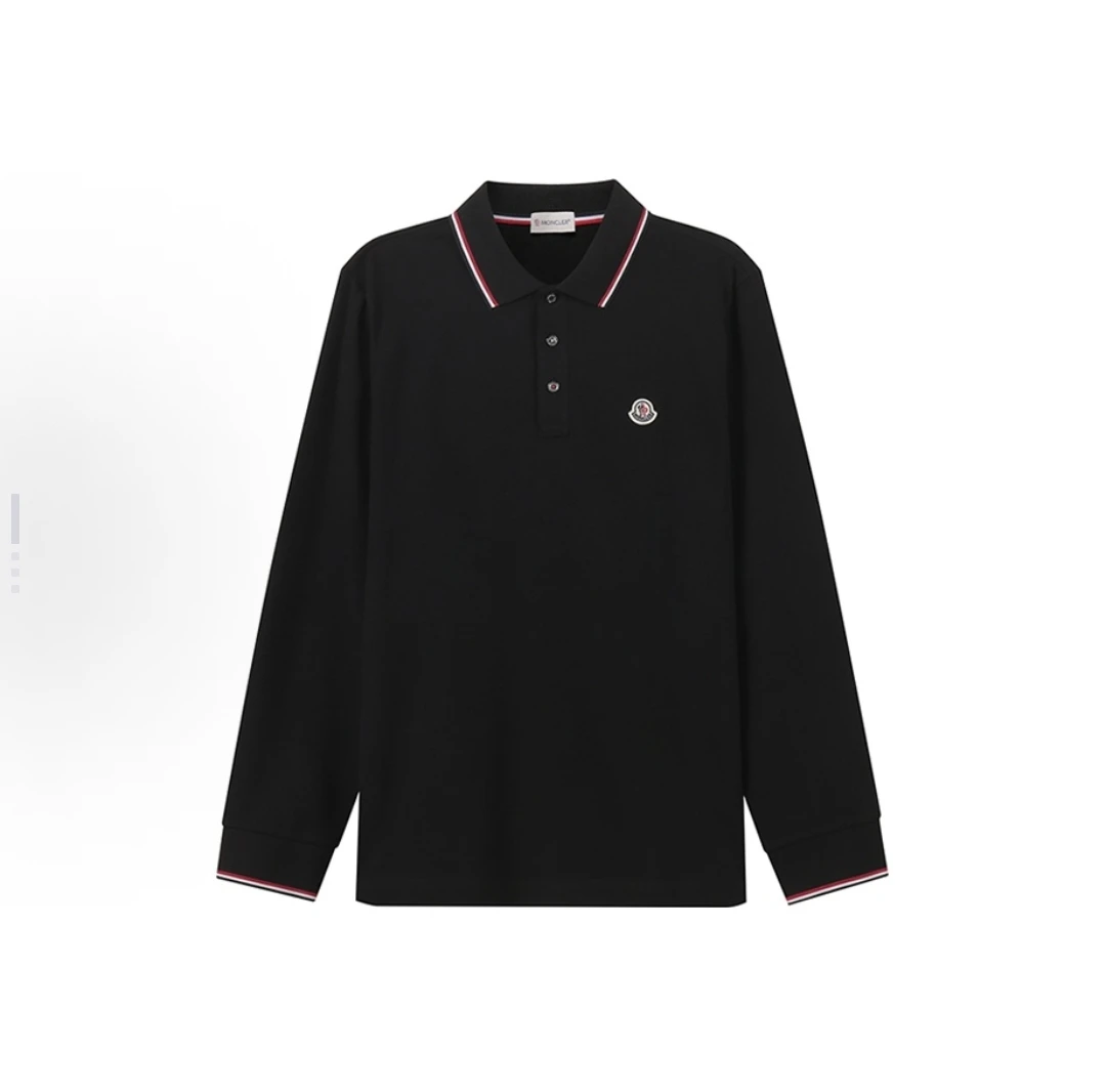 Moncler盟可睐纯色徽标拼贴棉质长袖Polo衫 男款hj