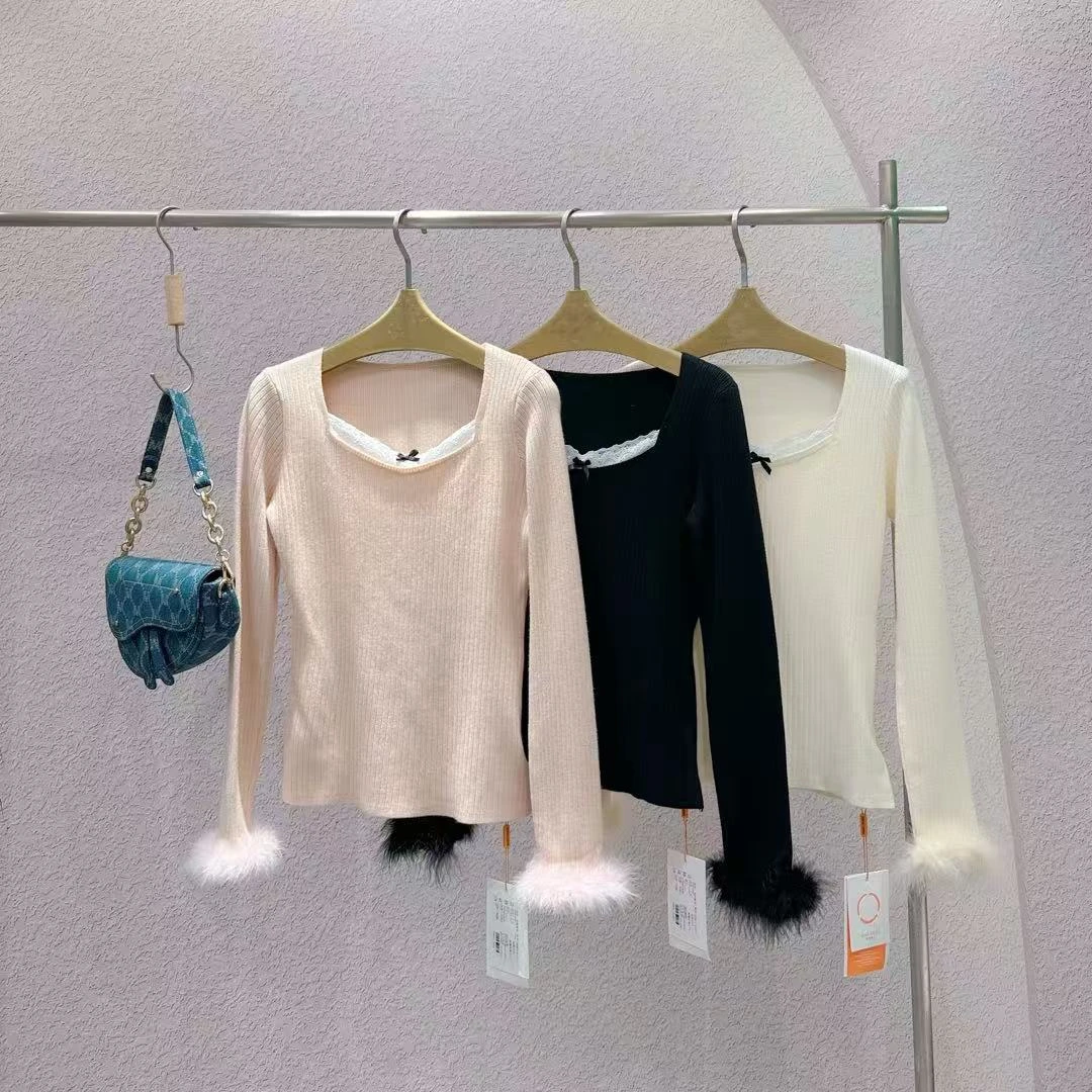 901毛针织衫方领修身型女休闲风长袖打底衫蕾丝上衣时尚春秋百搭
