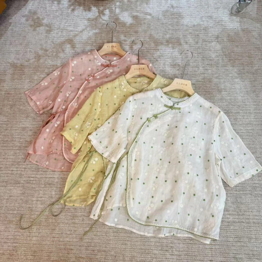 3057 国风中式斜襟盘扣刺绣苎麻衬衫女2025夏季新款时尚女式上衣