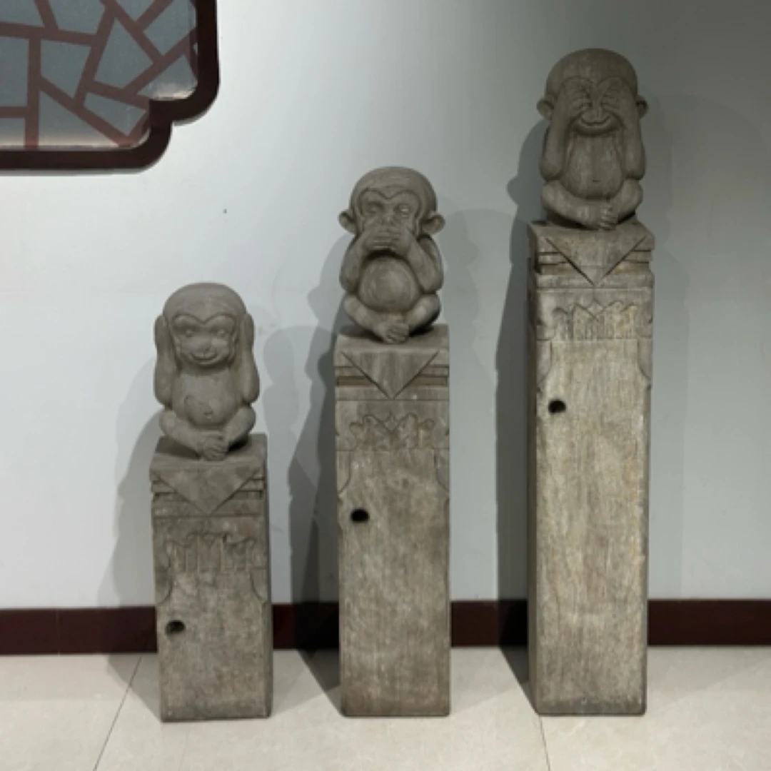 精品青石三不猴复古拴马桩石雕品相好不包邮不包卸车