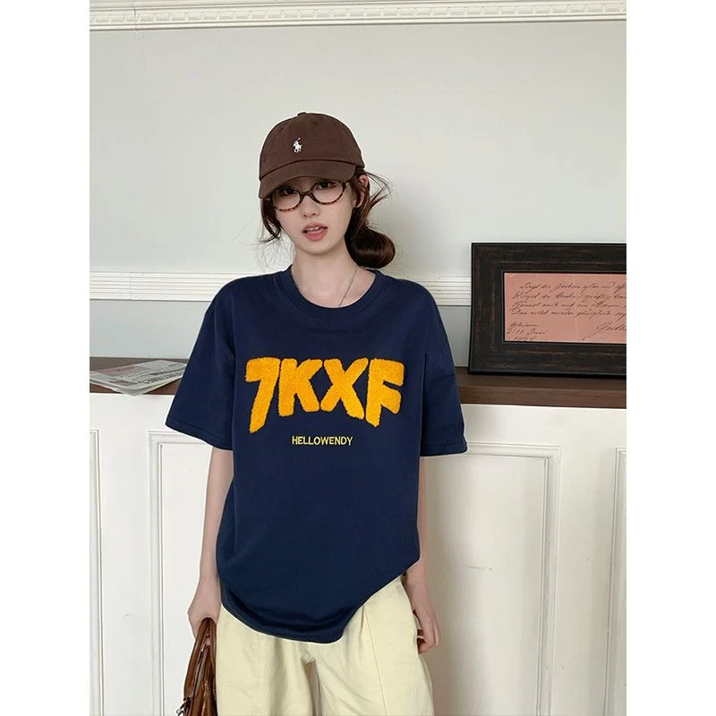 刺绣短袖t恤女2025夏季新款爆款欧货大码上衣ins宽松休闲半袖体恤