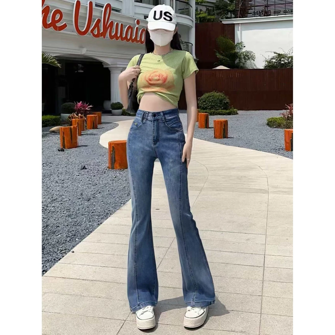 6903复古百搭高腰微喇牛仔裤女2025年春秋季小个子修身显瘦马蹄裤