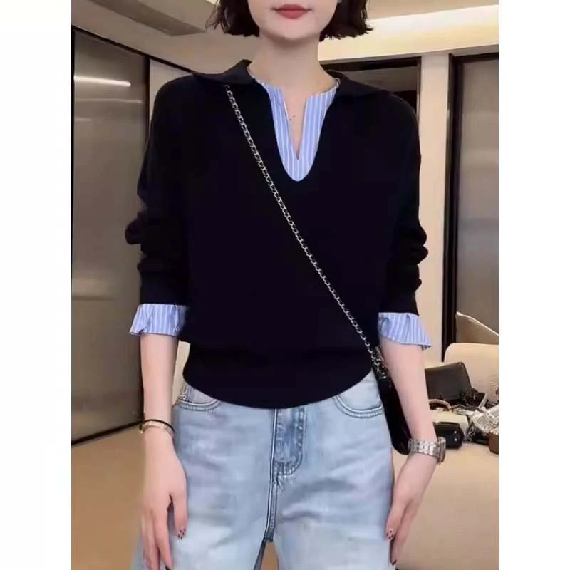 大码女装韩系时尚撞色假两件长袖针织衫秋季胖MM时尚百搭减龄上衣