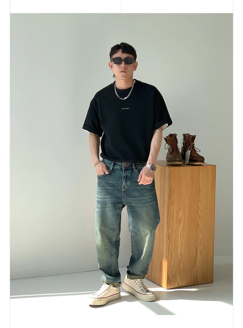 2025年夏季纯棉重磅磨边设计男士圆领宽松短袖2011