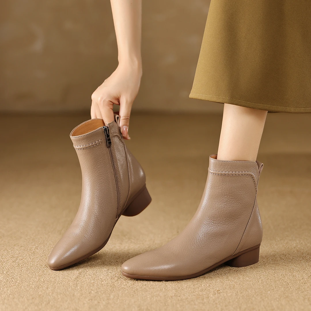 头层羊皮3cm气质粗跟妈妈短靴女34-41码全真皮舒适软底圆头女靴子