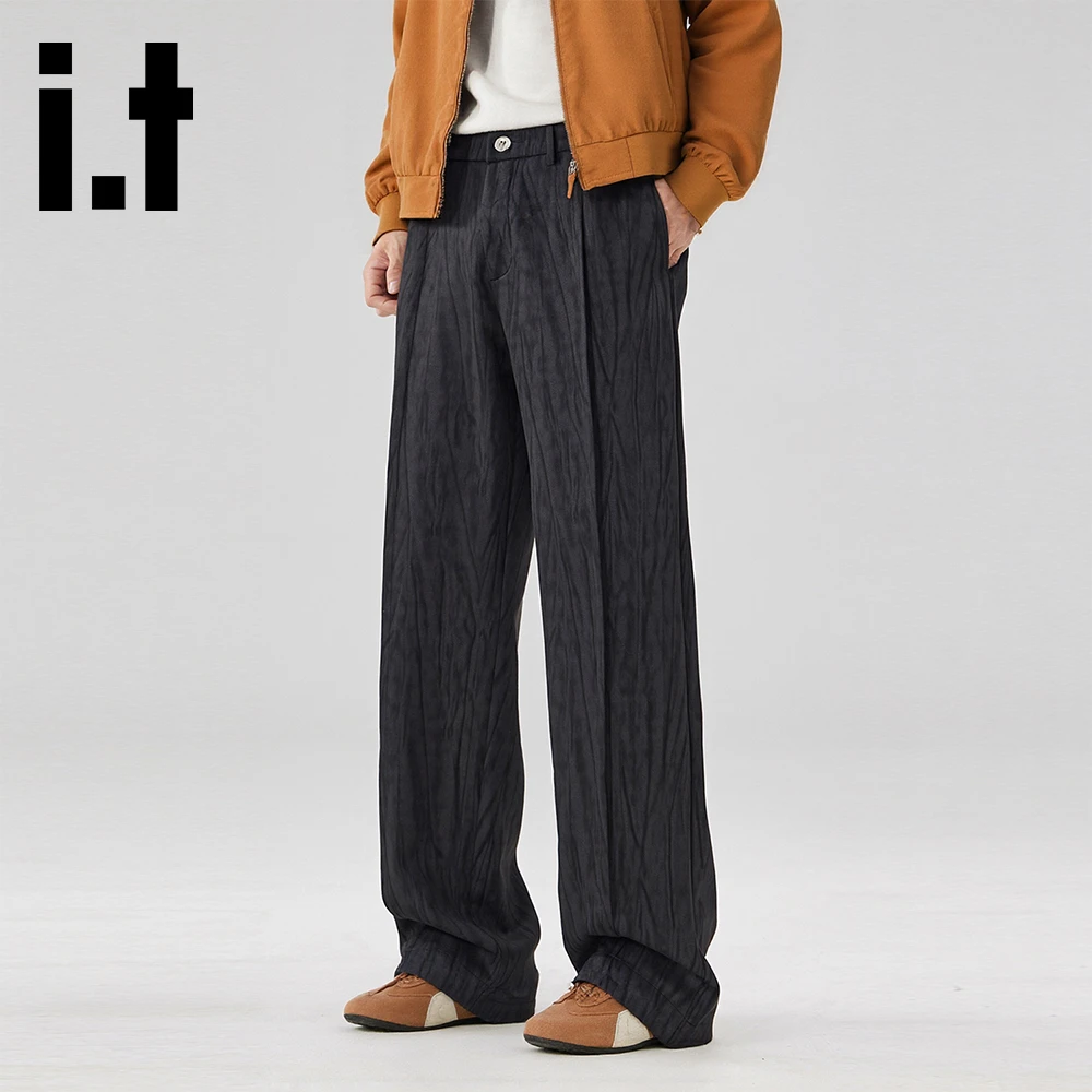 it:CHOCOOLATE黑色个性花纹直筒休闲裤男秋季新款潮流时尚阔腿裤