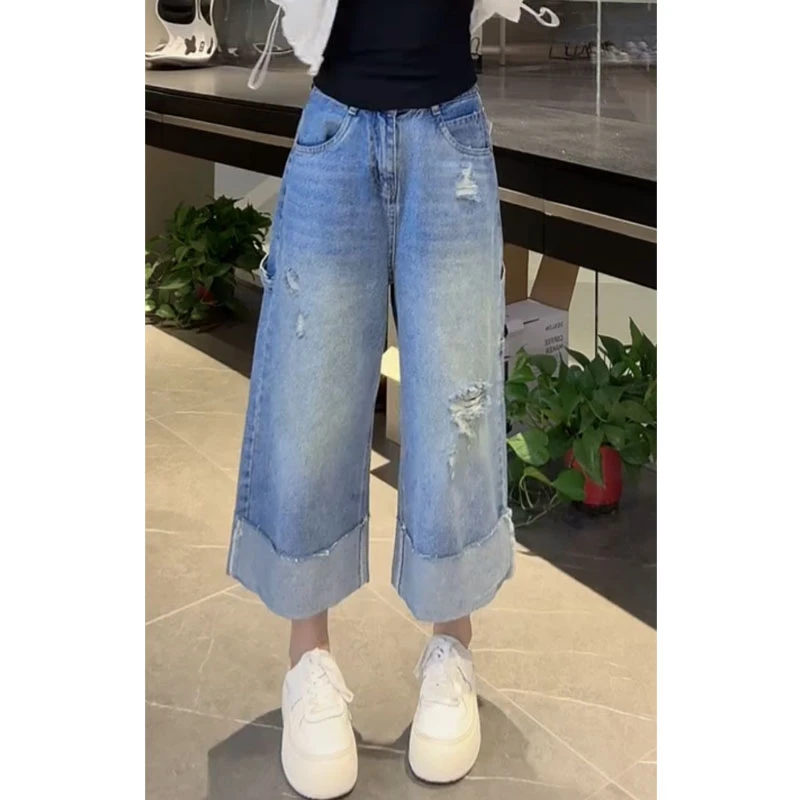 艾塔莉时尚小众牛仔裤女夏季新款设计感九分裤梨形大码直筒阔腿裤