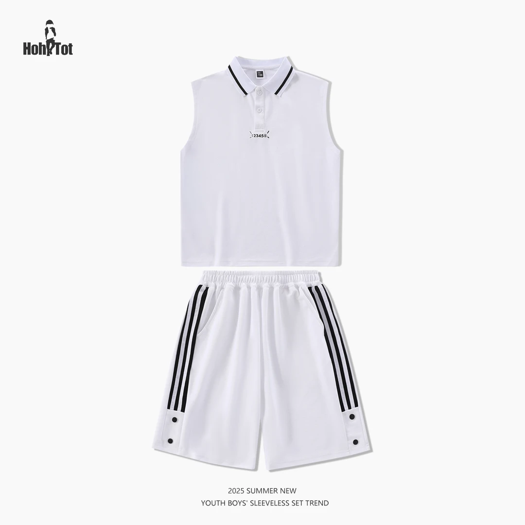 现货【新品上新】男童背心套装2025新款宽松两件套中大童polo无袖潮