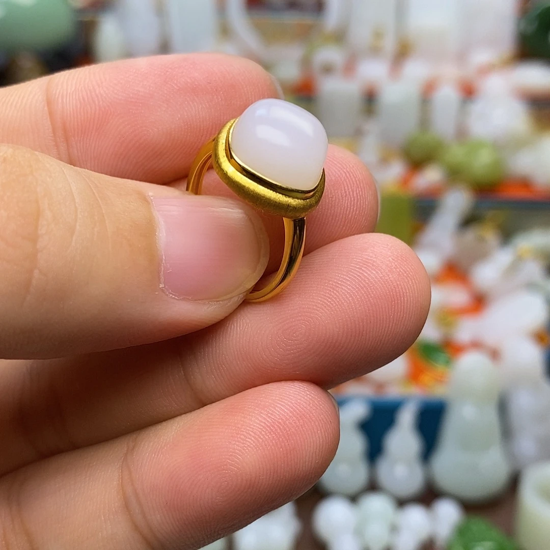 古****和田玉18K金镶嵌戒指精品和田玉羊脂白戒指11mm