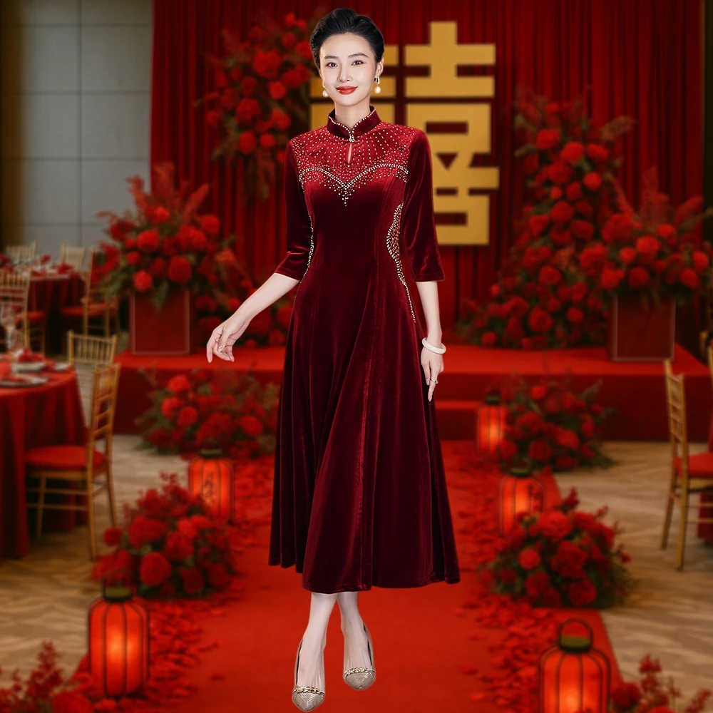 秋冬气质钉珠喜婆婆婚礼旗袍新中式高贵中国风喜妈妈宴会显瘦礼服