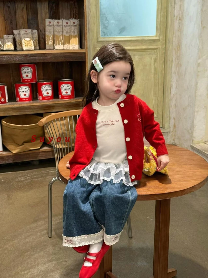 杏色上衣红色开衫蓝色牛仔裤（SY-663216+663156+663219-秋A）汉服