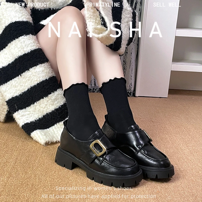 323334小码圆头厚底真皮乐福鞋秋冬季加绒保暖英伦风皮鞋女英伦风