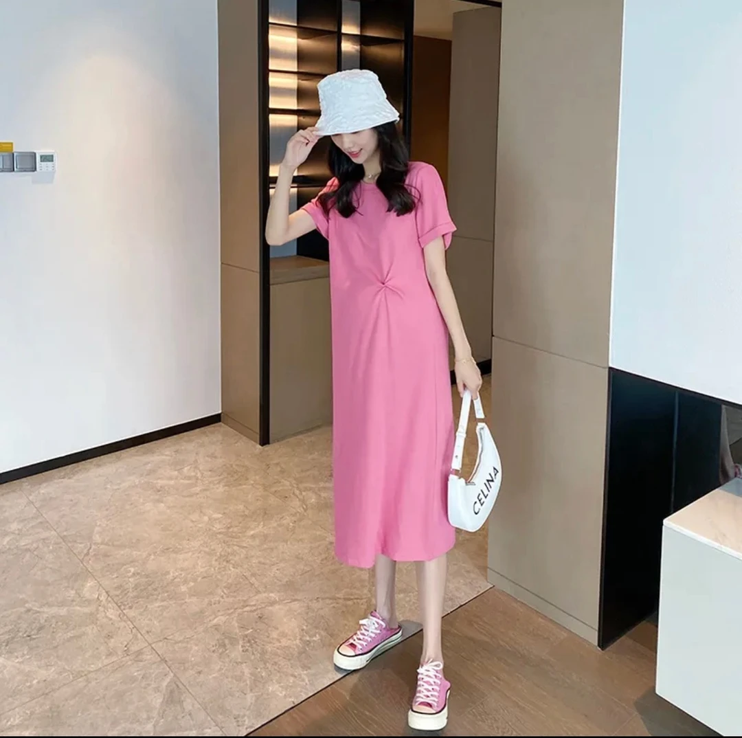 孕妇夏装大码长款夏季t恤裙子孕妇简约经典圆领修身打结连衣裙