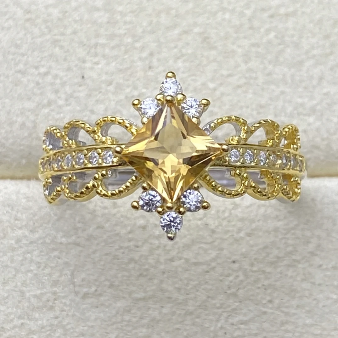 天然黄水晶戒指s925银主石6mm轻奢精致蕾丝宫廷风金色时尚百搭Y1