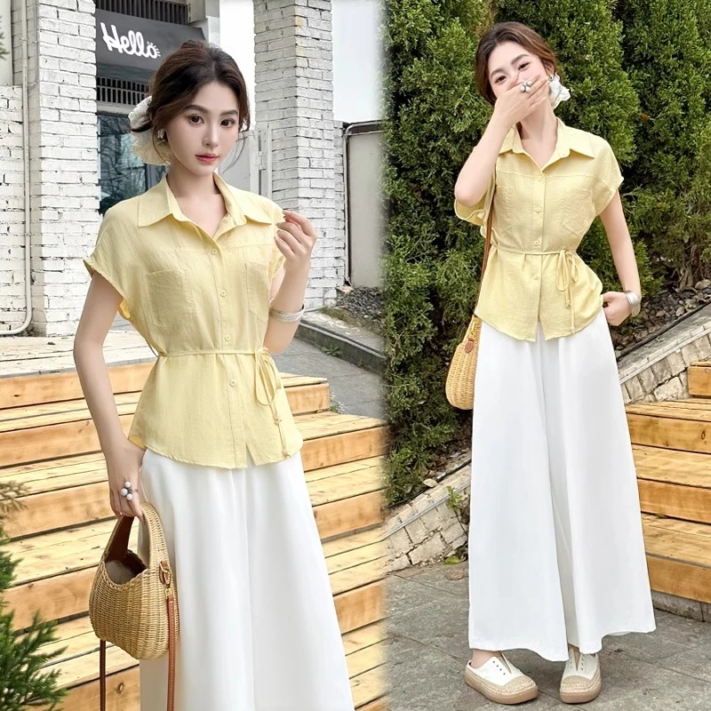 高级感时尚套装女2025夏季新款洋气质减龄短袖衬衫阔腿裤两件套潮