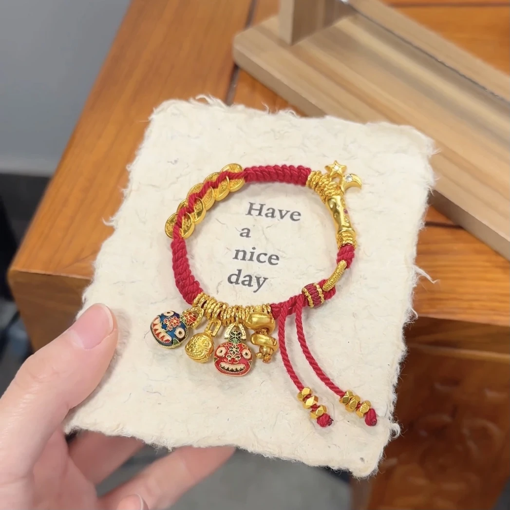 铜合金珐琅手链 S5220 春夏新款纯民族风五帝钱吞金兽手工编绳
