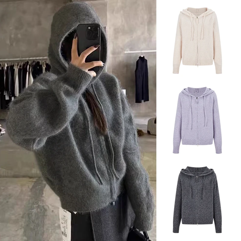 Moses Queen/魔西女王秋冬连帽双拉链针织外套女显瘦开衫毛衣上衣